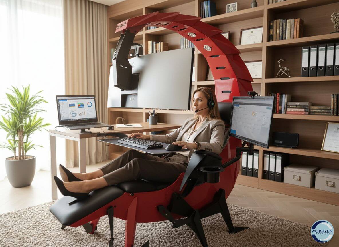 Person using a scorpion gaming chair with built-in desk and computer setup in a home office.