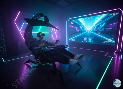 Person playing a video game in a dark room with neon lights and a large monitor sitting on scorpion gaming chair.