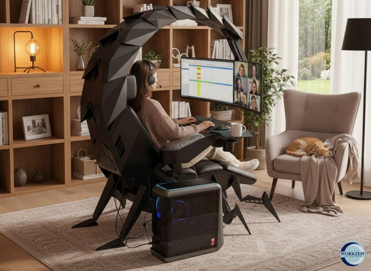 Person using a scorpion gaming chair in a home office setting with a computer setup.