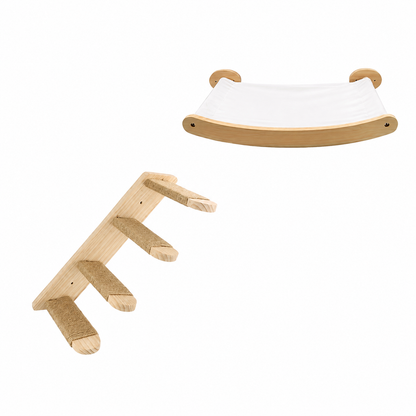 A natural wood pet climbing shelf shown in two views: one assembled with a white fabric sling seat, and one disassembled showing the wooden pegs and supports.