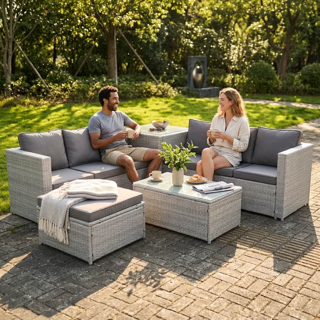2 people sitting and talking on a Light Grey Outdoor Rattan Garden Furniture Set