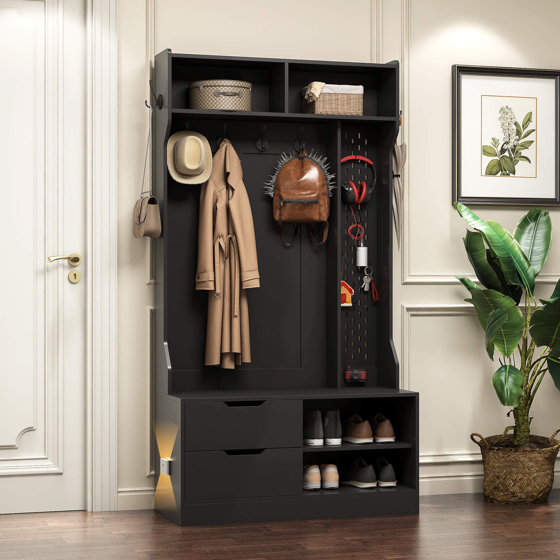 A black coat rack with shoe storage sold by WorkZen Interiors