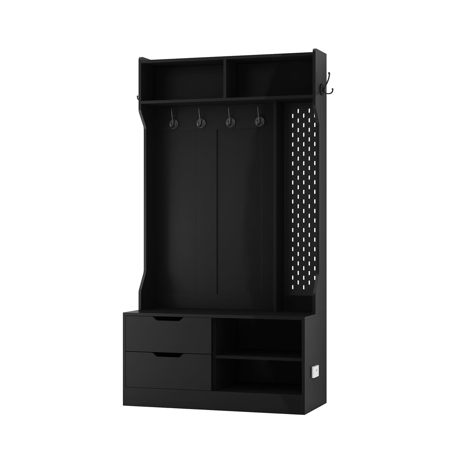 A black coat rack with shoe storage sold by WorkZen Interiors