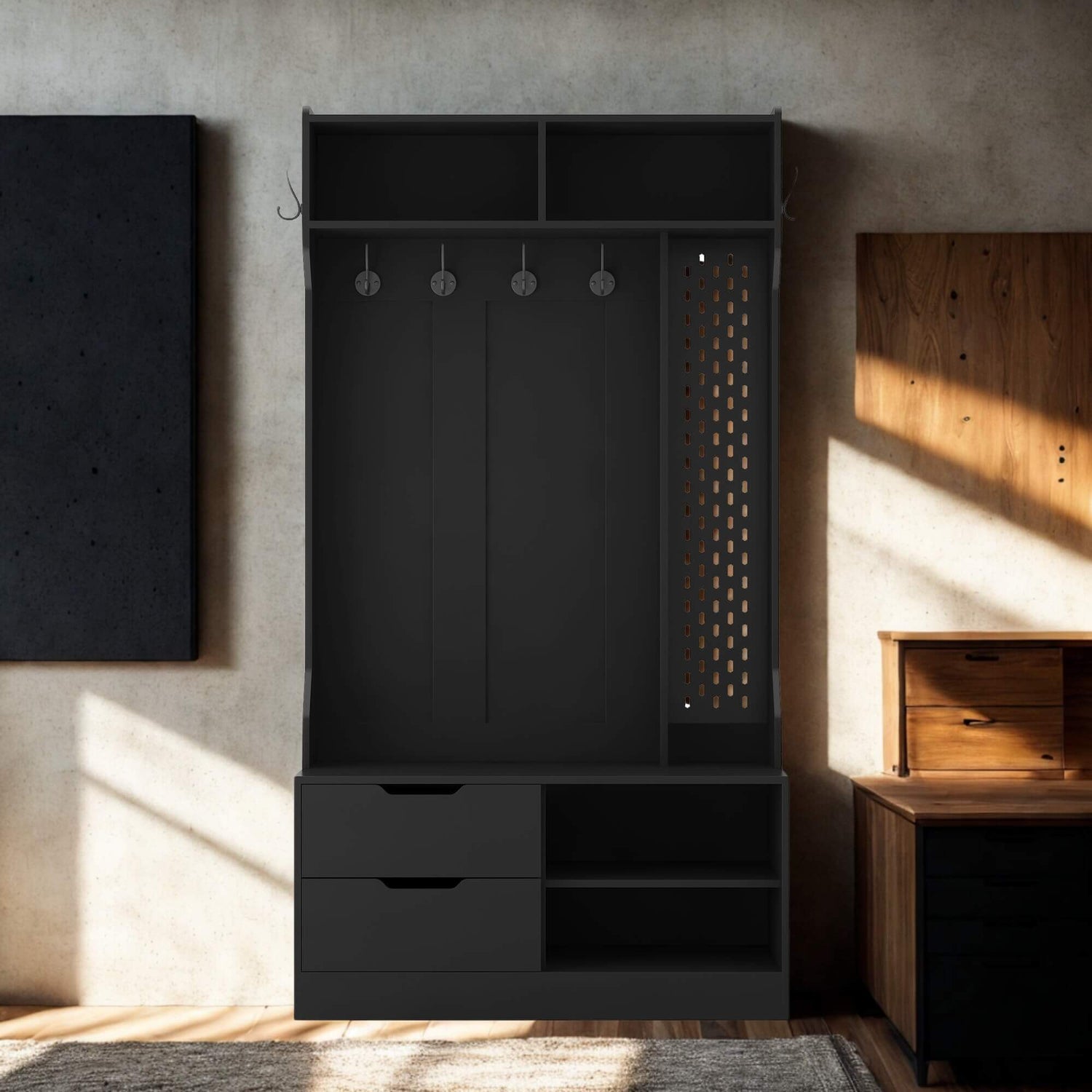 A black coat rack with shoe storage sold by WorkZen Interiors