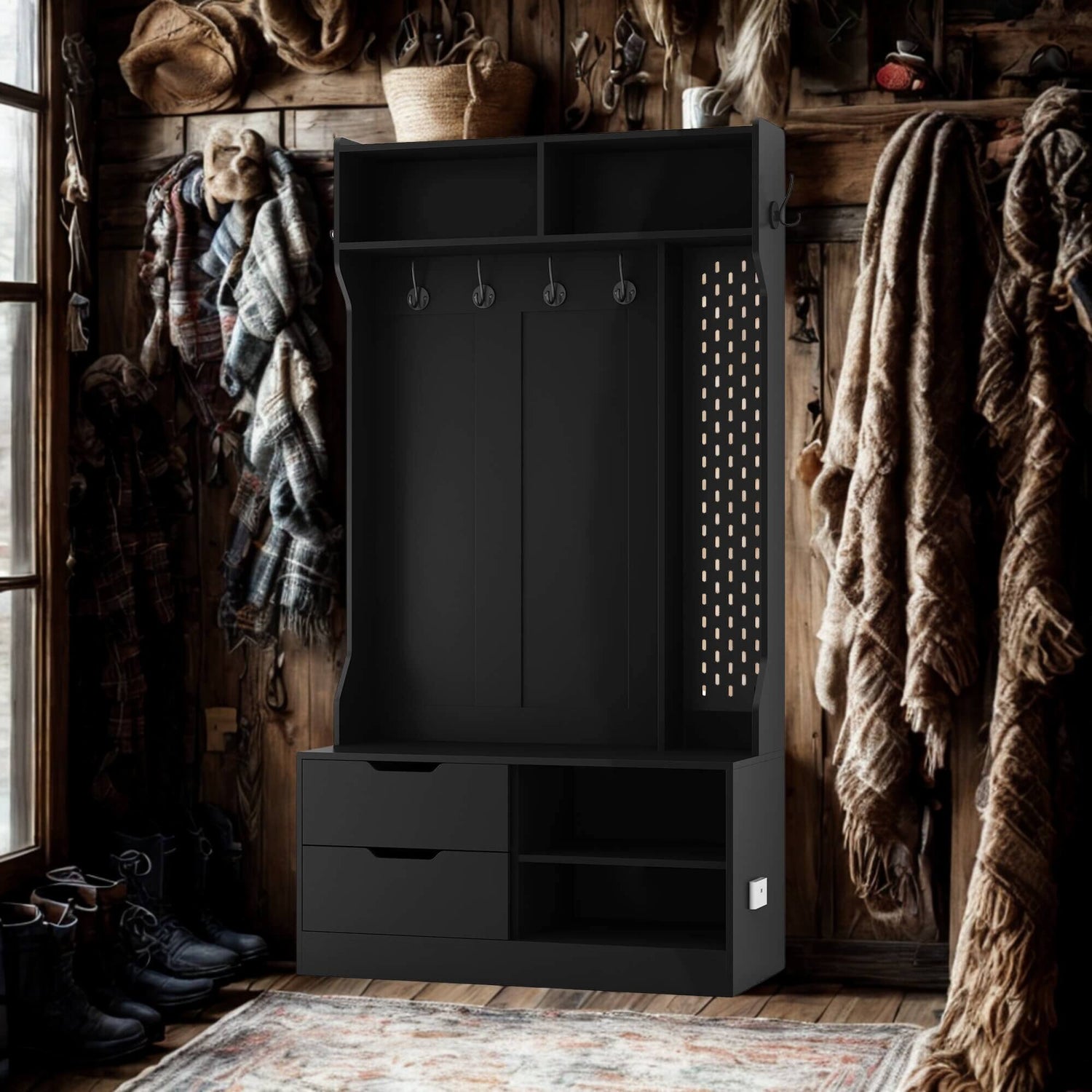 A black coat rack with shoe storage sold by WorkZen Interiors