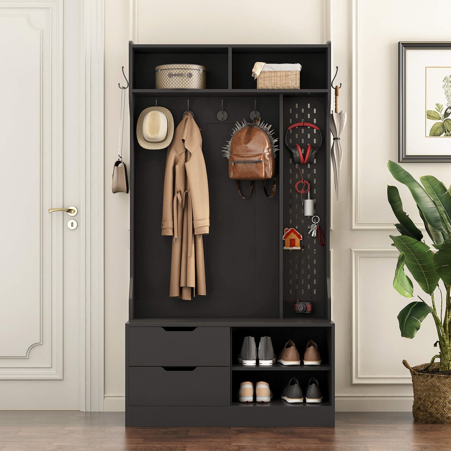 A black coat rack with shoe storage sold by WorkZen Interiors