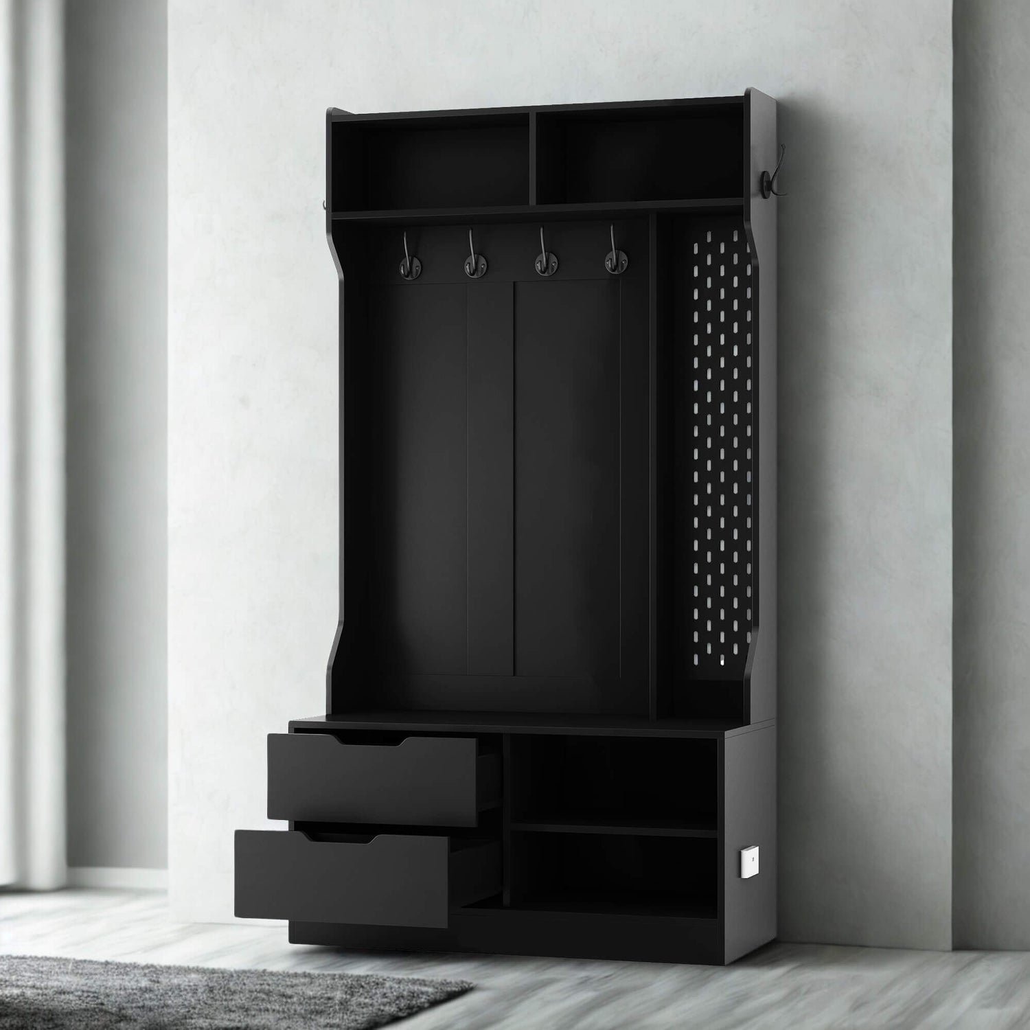 A black coat rack with shoe storage sold by WorkZen Interiors