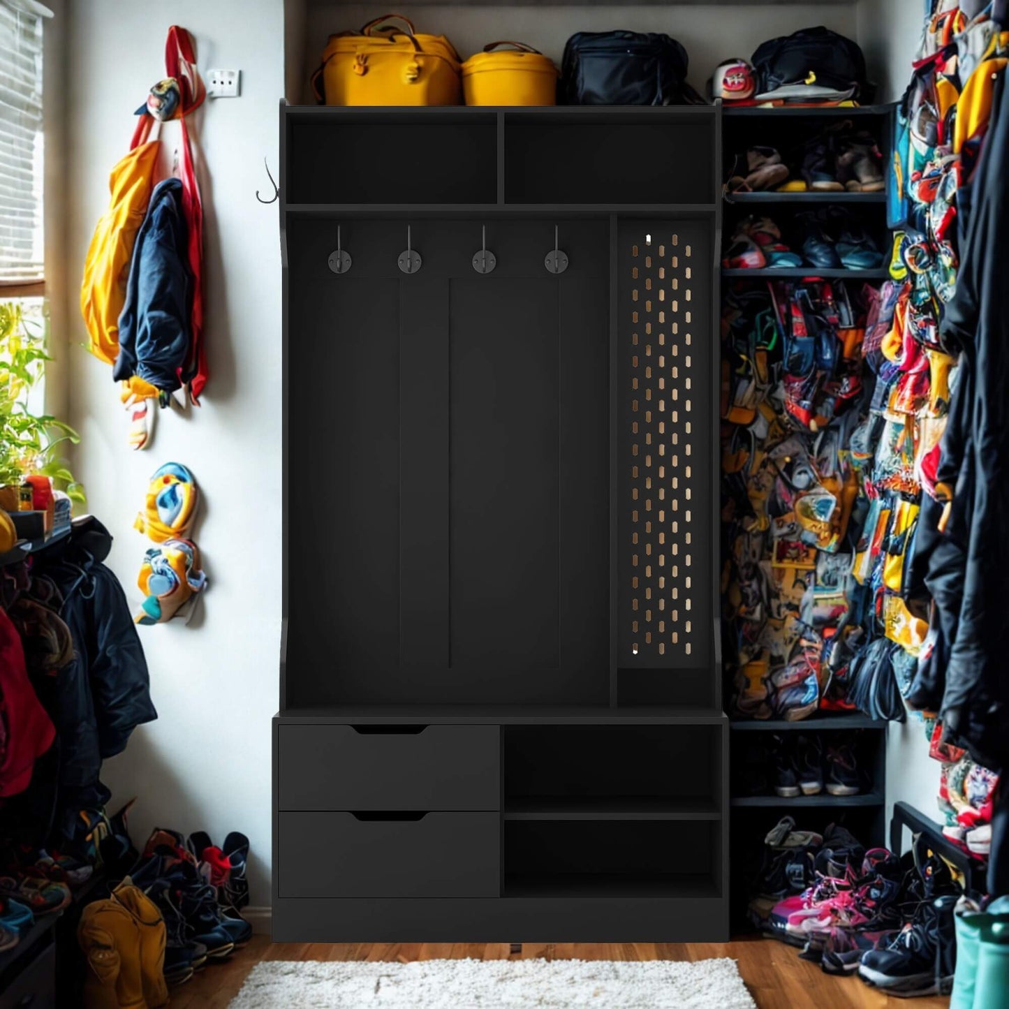 A black coat rack with shoe storage sold by WorkZen Interiors