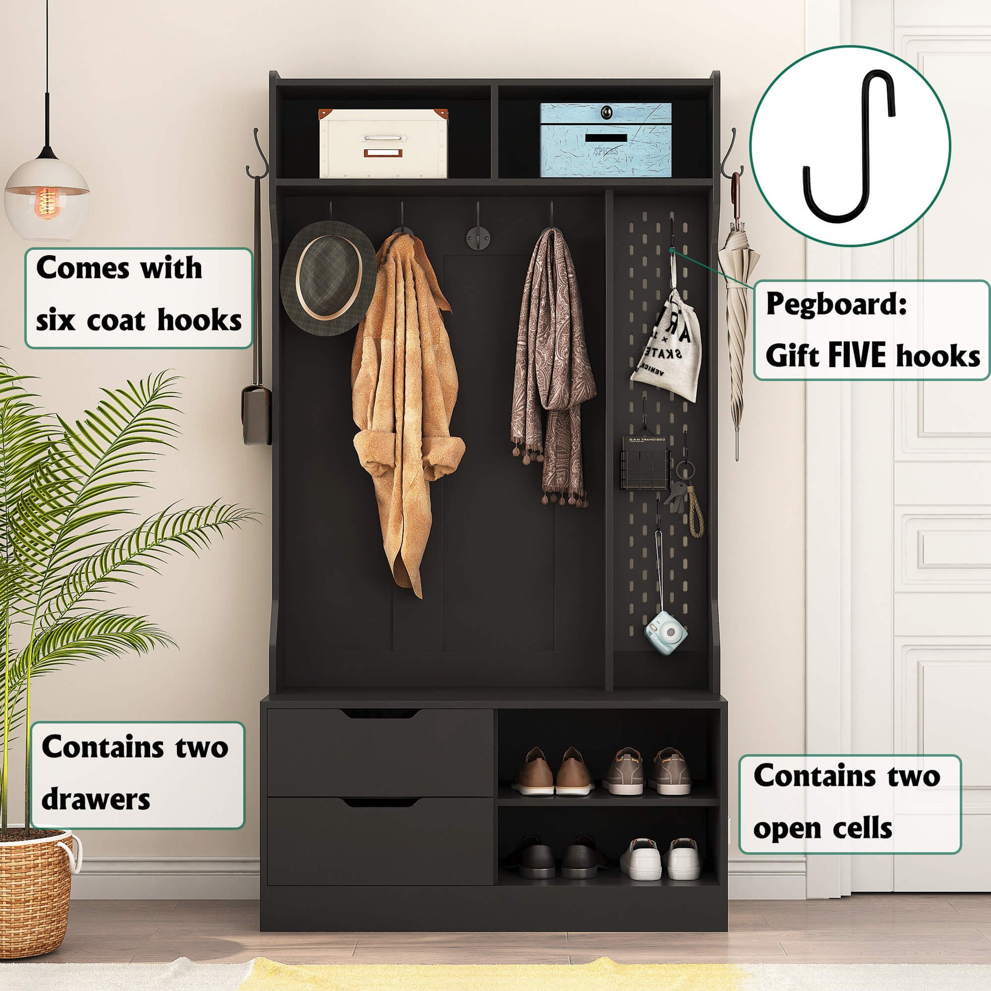 A black coat rack with shoe storage sold by WorkZen Interiors