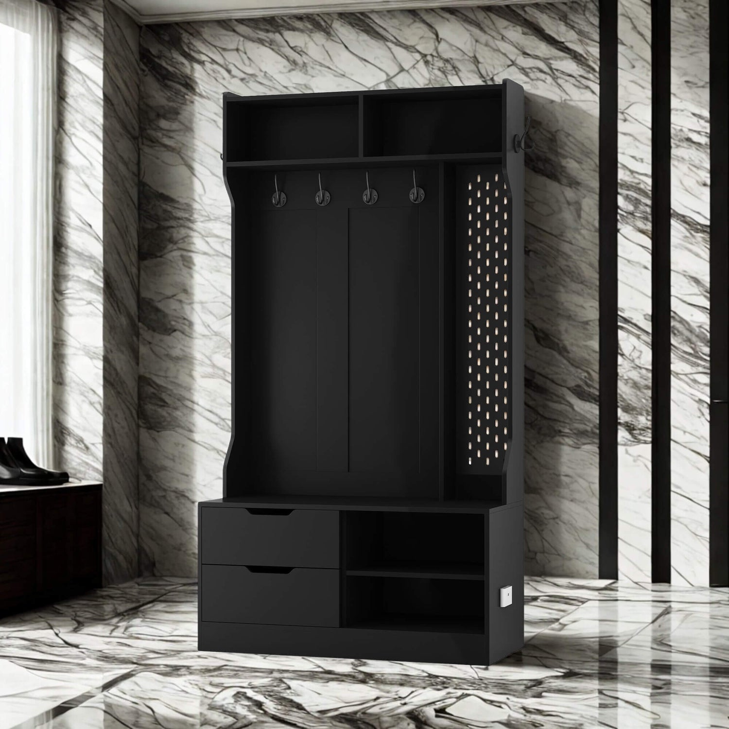 A black coat rack with shoe storage sold by WorkZen Interiors