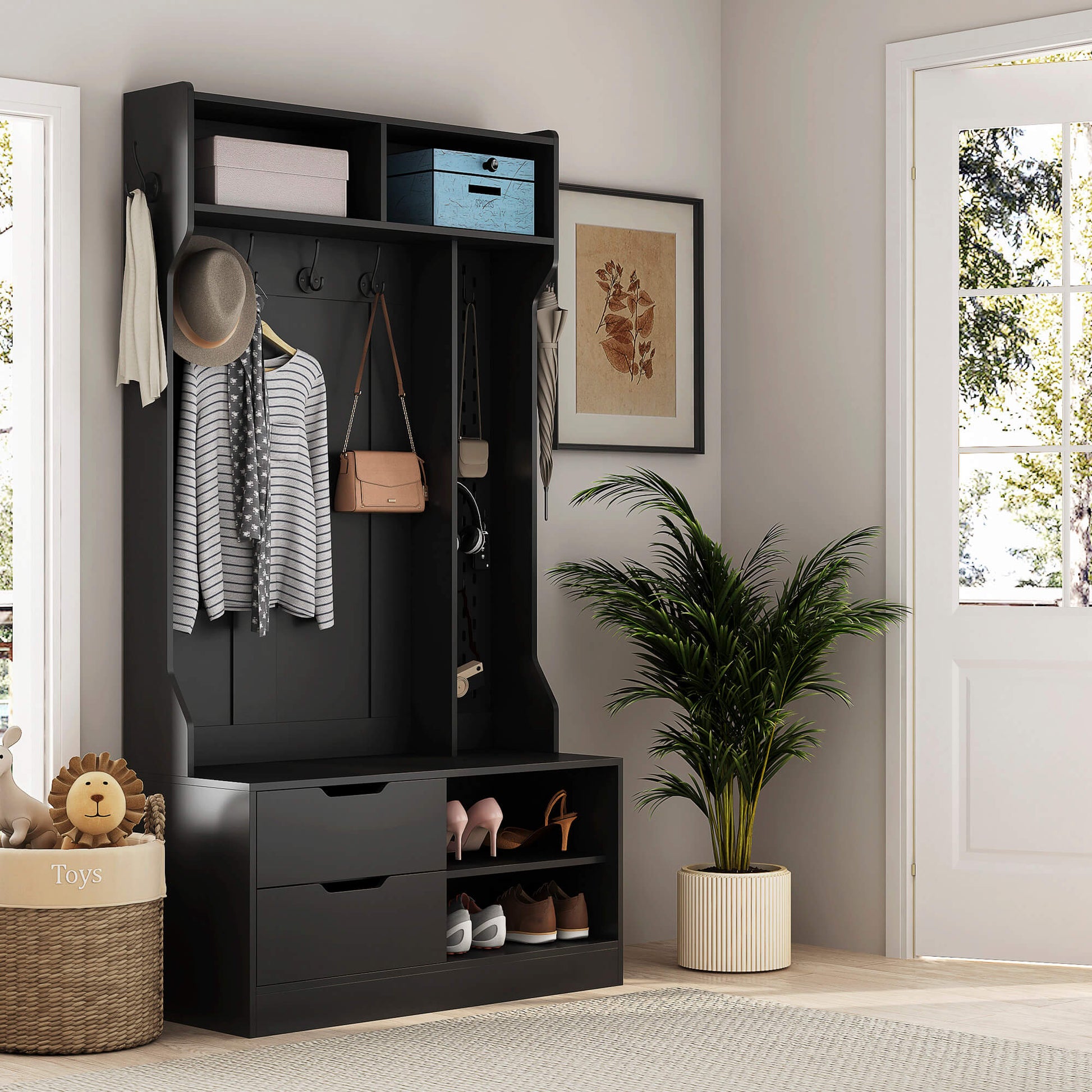 A black coat rack with shoe storage sold by WorkZen Interiors