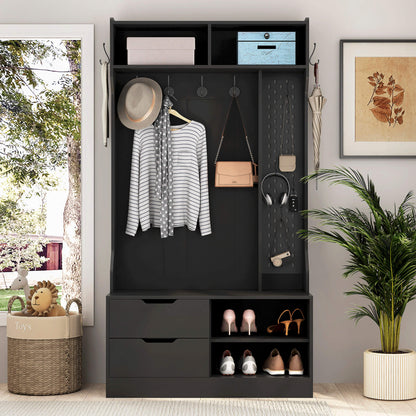 A black coat rack with shoe storage sold by WorkZen Interiors
