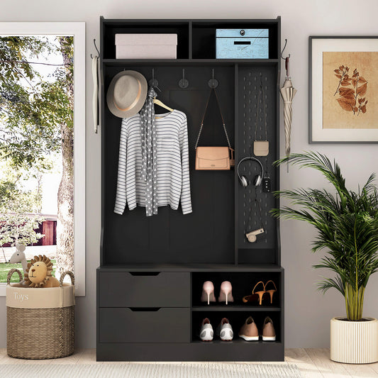 A black coat rack with shoe storage sold by WorkZen Interiors