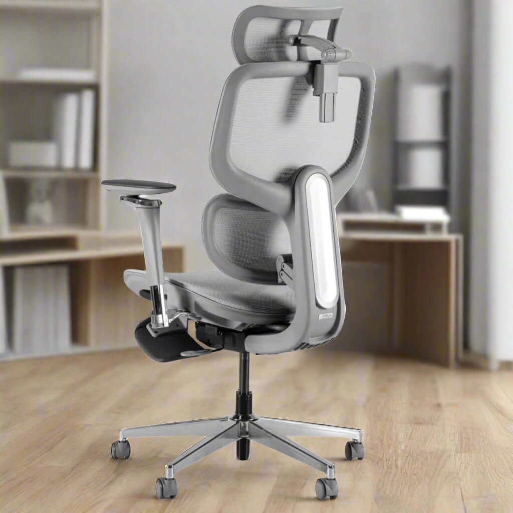 The back of a gray high back office chairs sold by WorkZen Interiors