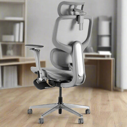 The back of a gray high back office chairs sold by WorkZen Interiors
