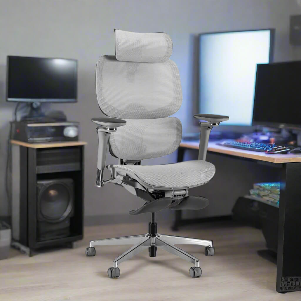 A gray high back office chair in a gaming room sold by WorkZen Interiors