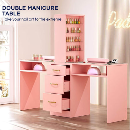 A pink double manicure table sold by WorkZen Interiors