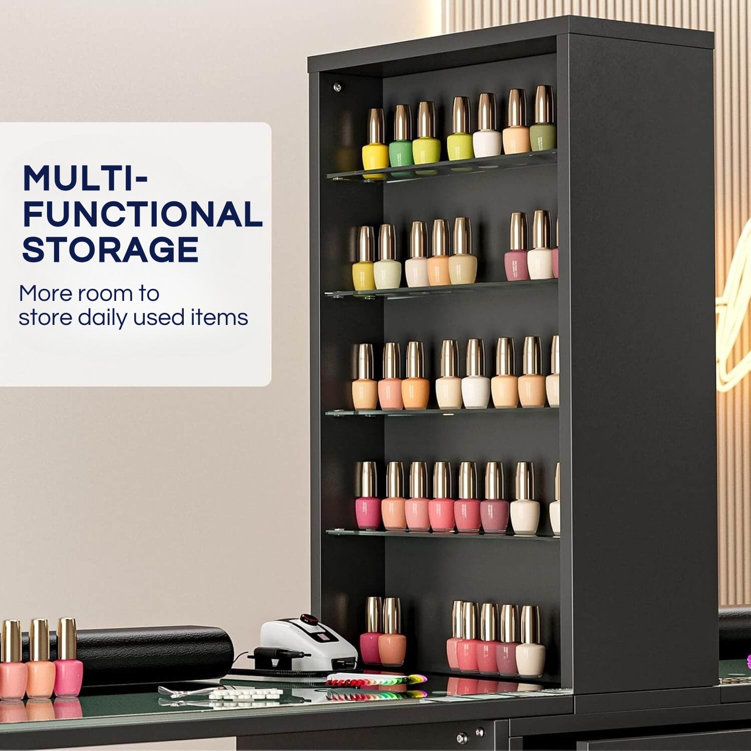 A multiple functional storage racks of a black double manicure table sold by WorkZen Interiors