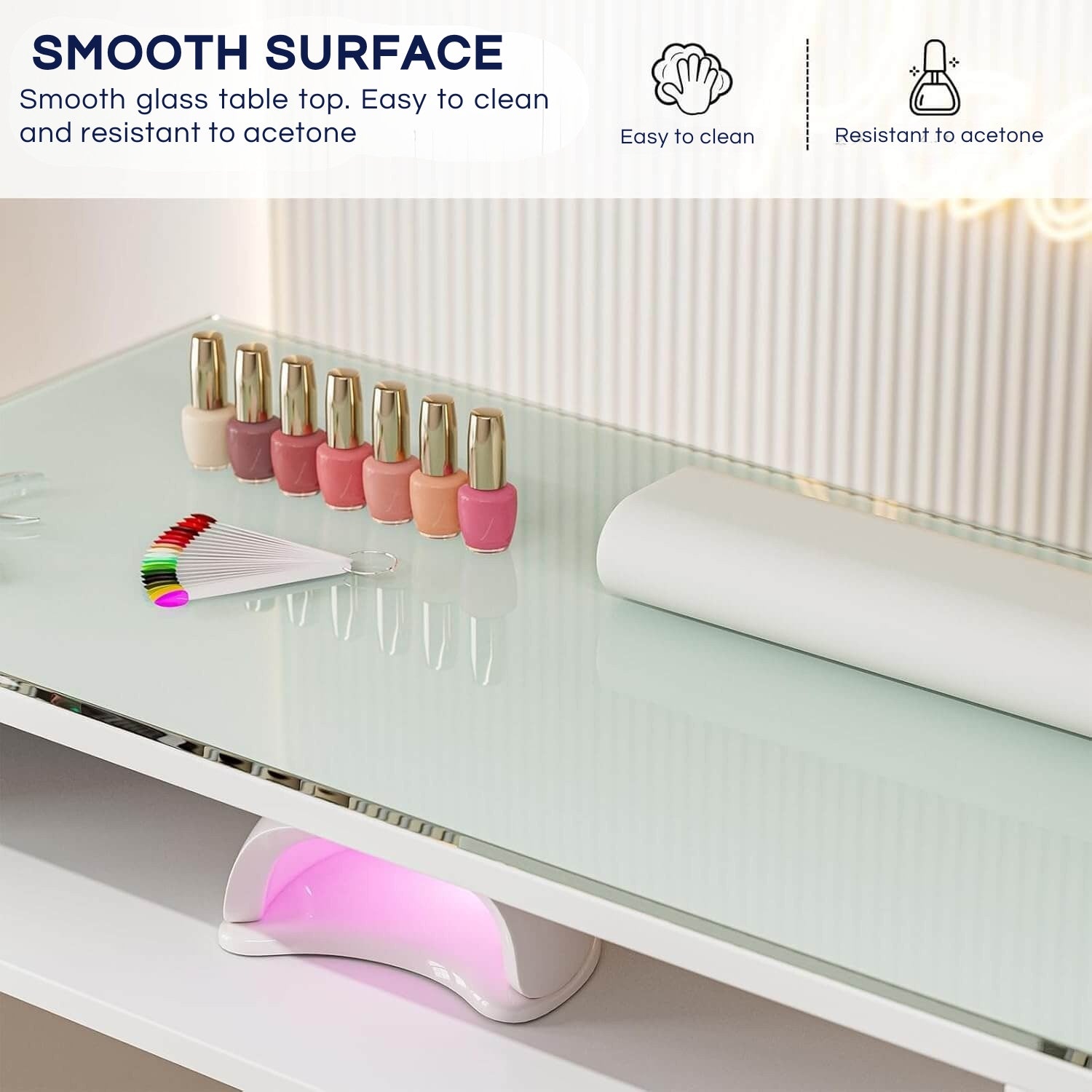 Glass table top of a white double manicure table sold by WorkZen Interiors