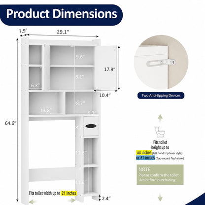 Product dimensions diagram for a white above the toilet storage cabinets​, showing measurements for height, width, and depth, plus a circular inset showing the two anti-tip devices on the door.
