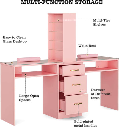 Components of a Multi-functional storage feature of a pink double manicure table sold by WorkZen Interiors