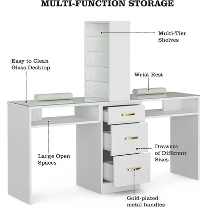Component parts of a white double manicure table sold by WorkZen Interiors 