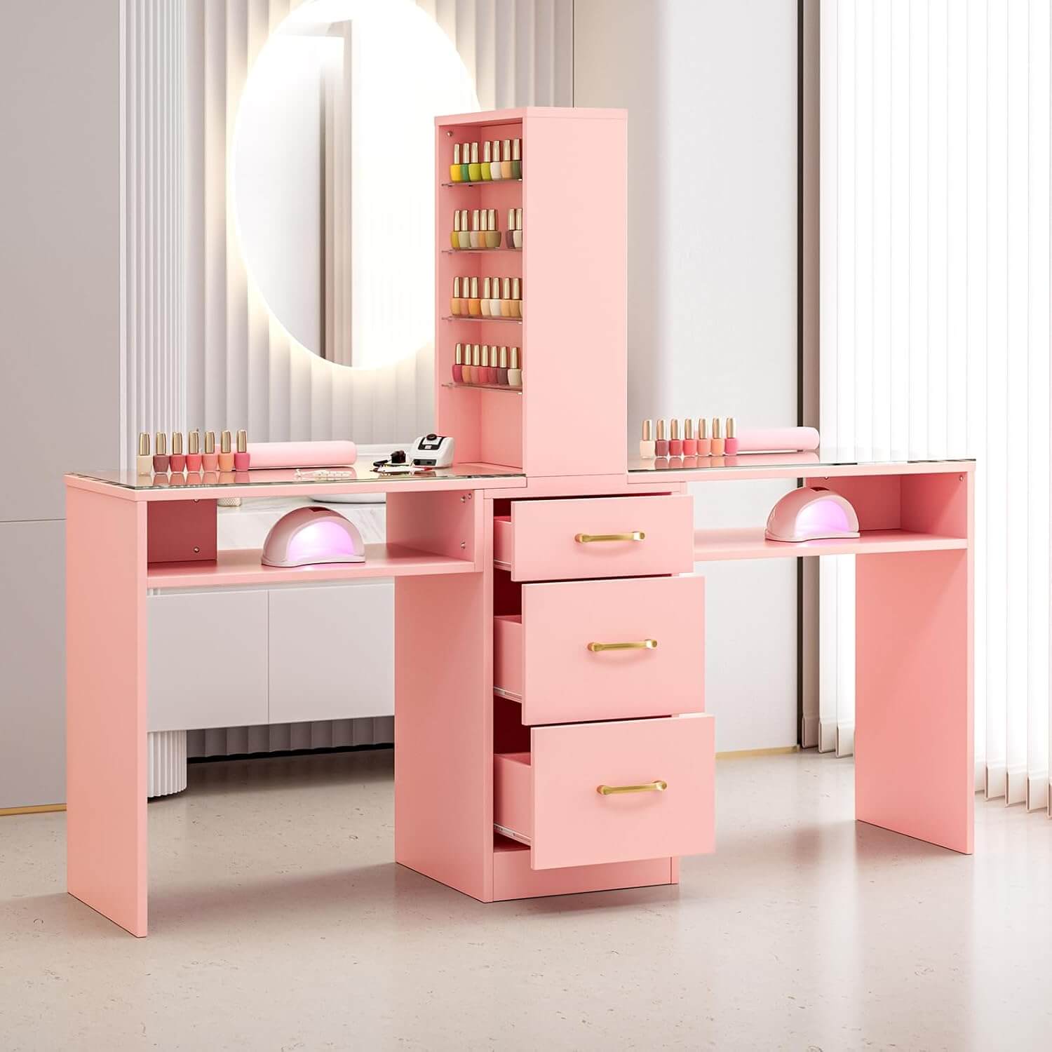 A pink double manicure table sold by WorkZen Interiors