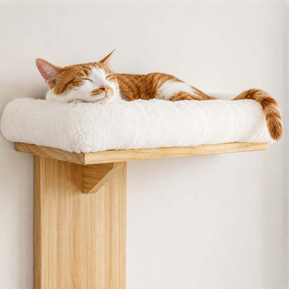 An orange and white cat sleeping comfortably on a plush white cushion mounted on a light natural wood cat perch against a plain off-white wall.