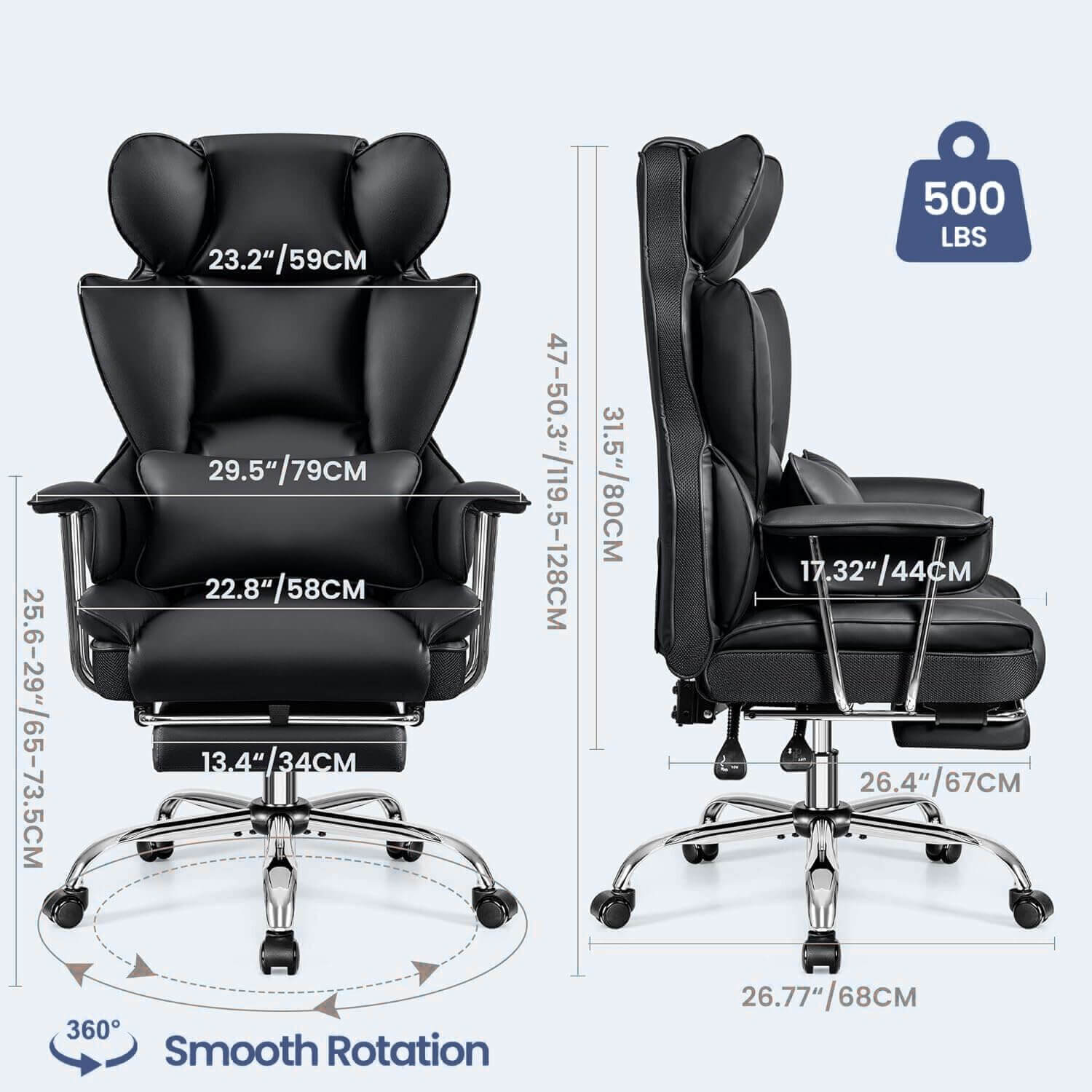 Black executive office chair with measurements and specifications on a white background