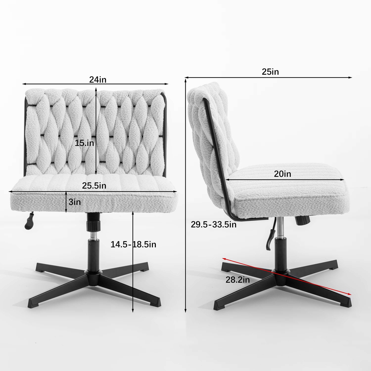 The dimensions of a Gray fabric office chair sold by WorkZen Interiors