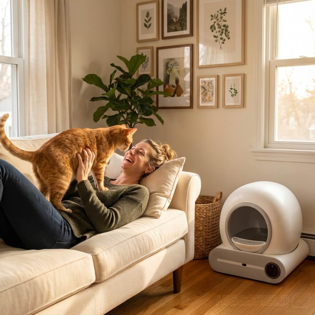 Woman playing with a cat on a couch next to a modern white smart scoop cat litter box in a bright living room.