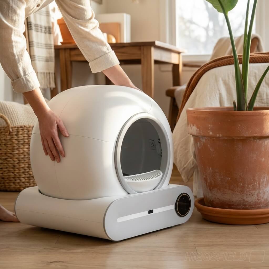 White smart scoop cat litter box on a wooden floor with a person's hand reaching towards it.