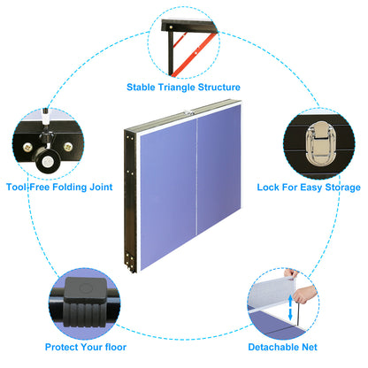 A blue foldable table tennis table sold by WorkZen Interiors