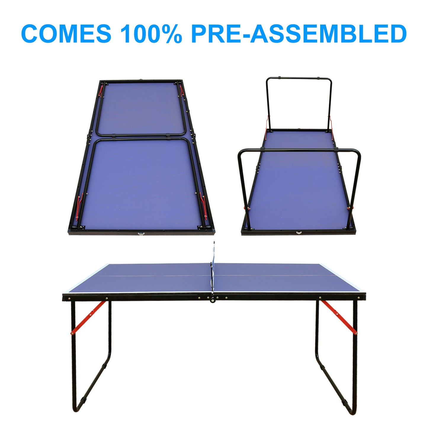A blue foldable table tennis table sold by WorkZen Interiors