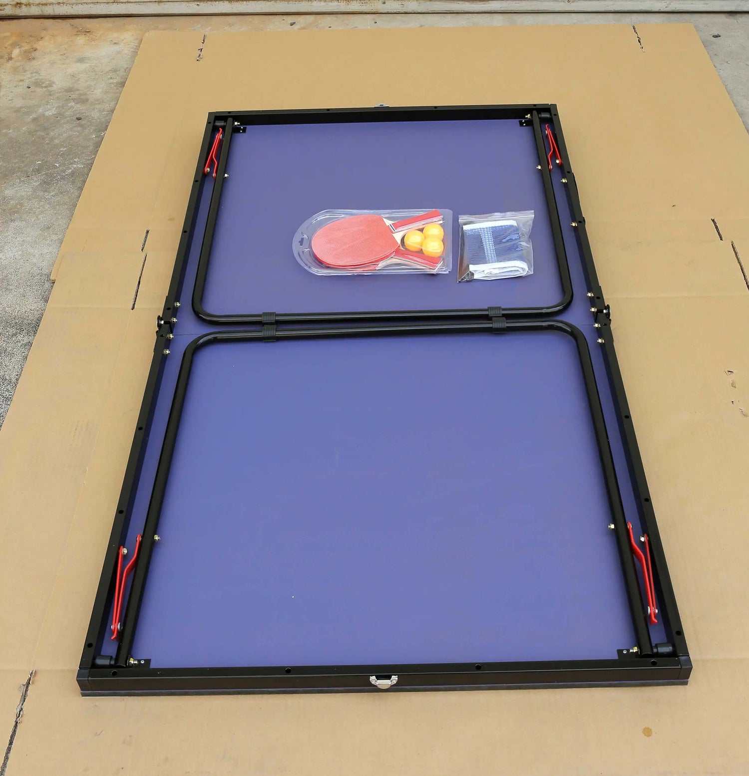 A blue foldable table tennis table sold by WorkZen Interiors