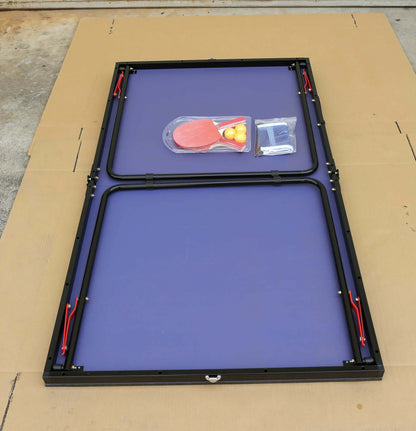 A blue foldable table tennis table sold by WorkZen Interiors