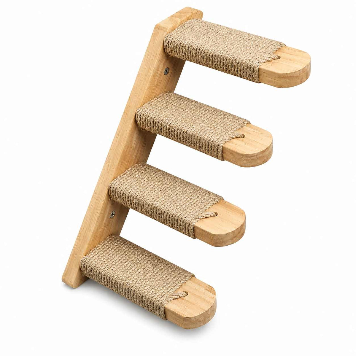 A wooden cat stair with four steps wrapped in natural sisal rope, shown on a plain white background.