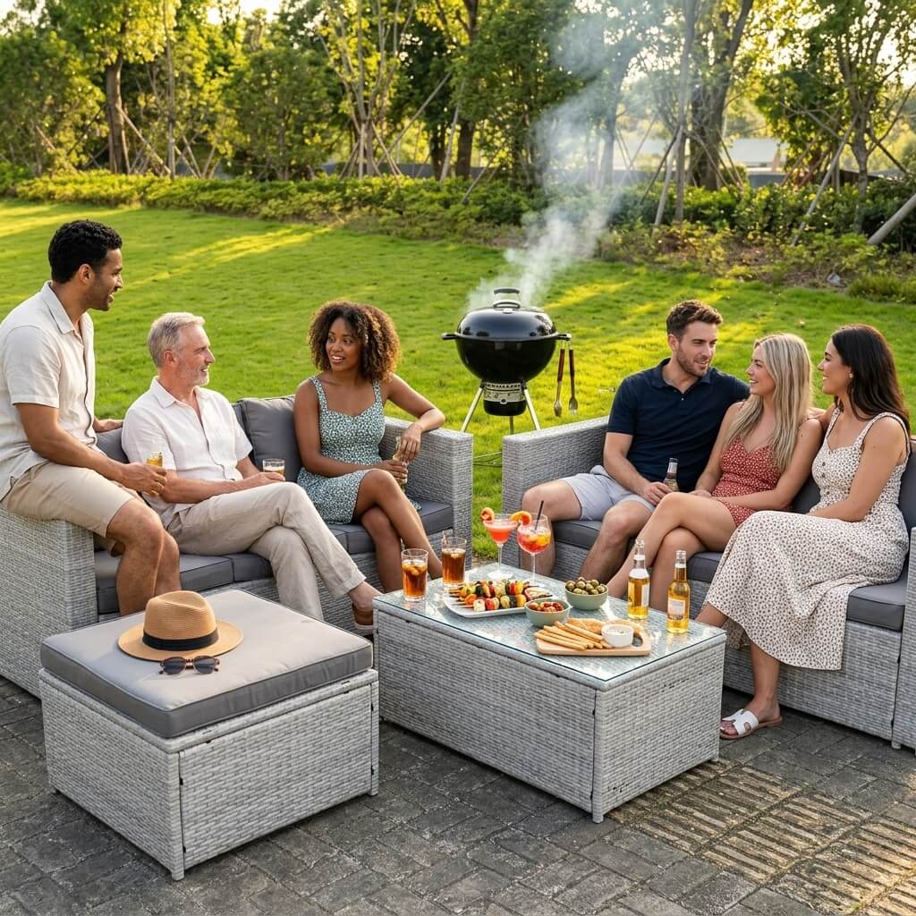 Some group of friends sitting on Light Grey Outdoor Rattan Garden Furniture Set in a back garden