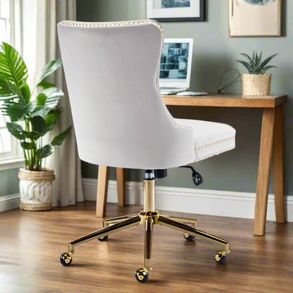 The back of a white velvet office chair sold by WorkZen Interiors 
