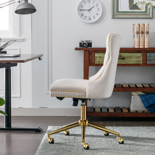 The side view of a white velvet office chair sold by WorkZen Interiors 