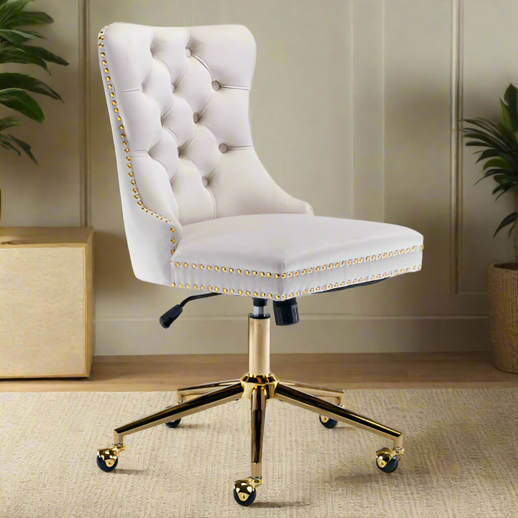 The side view of a white velvet office chair sold by WorkZen Interiors 