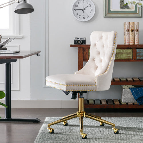 A white velvet office chair in a home office 