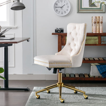 A white velvet office chair in a home office 