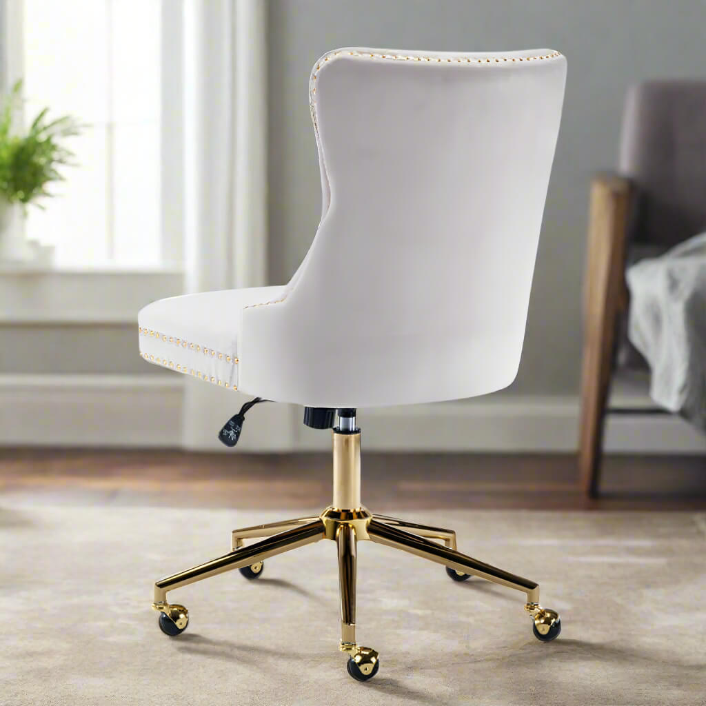 The back of a white velvet office chair sold by WorkZen Interiors 