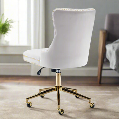 The back of a white velvet office chair sold by WorkZen Interiors 