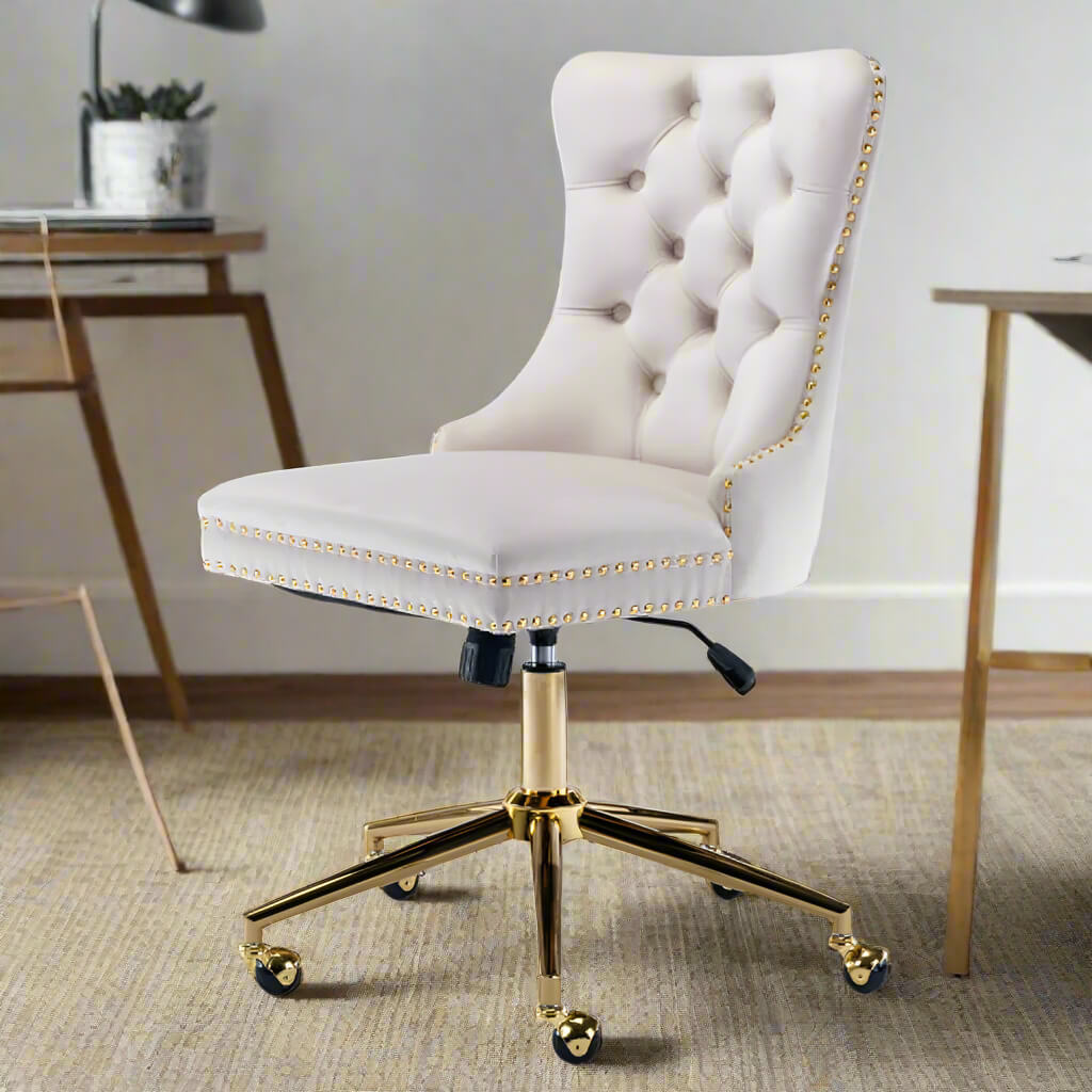 The side view of a white velvet office chair sold by WorkZen Interiors 