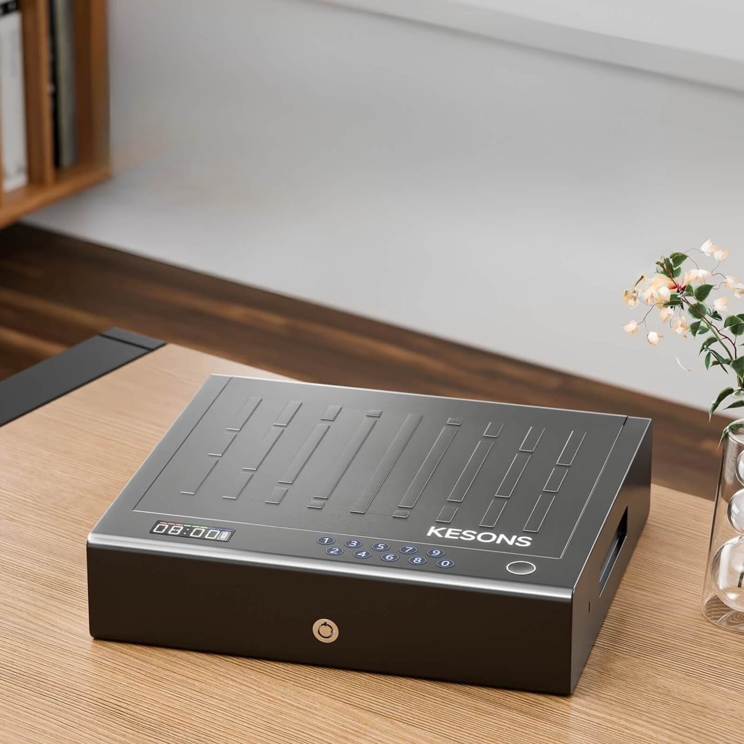 Black hand gun safe on a wooden surface with a blurred background