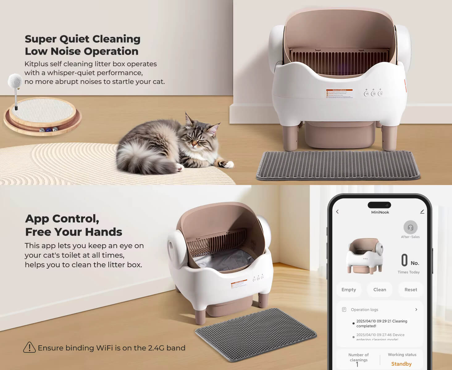 Self-cleaning cat litter box​ with smartphone app interface on a light wood floor.