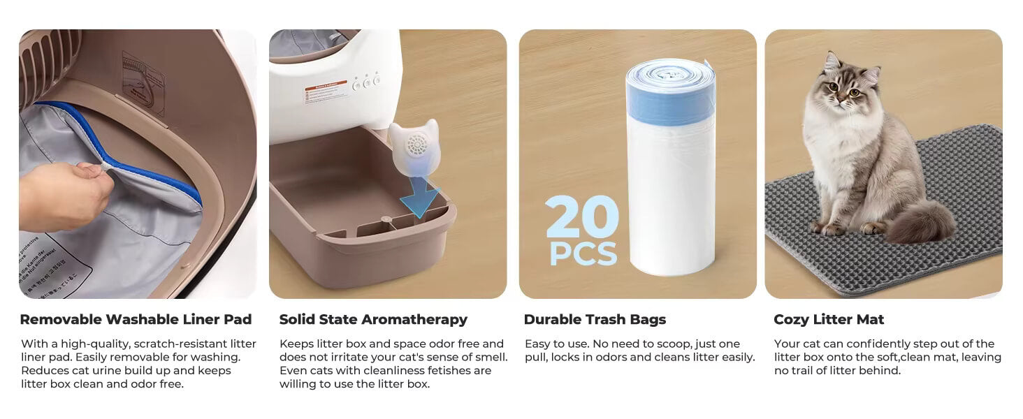 Pet smart litter box  with various features including a washable liner pad, solid state aromatherapy, durable trash bags, and a cozy litter mat.