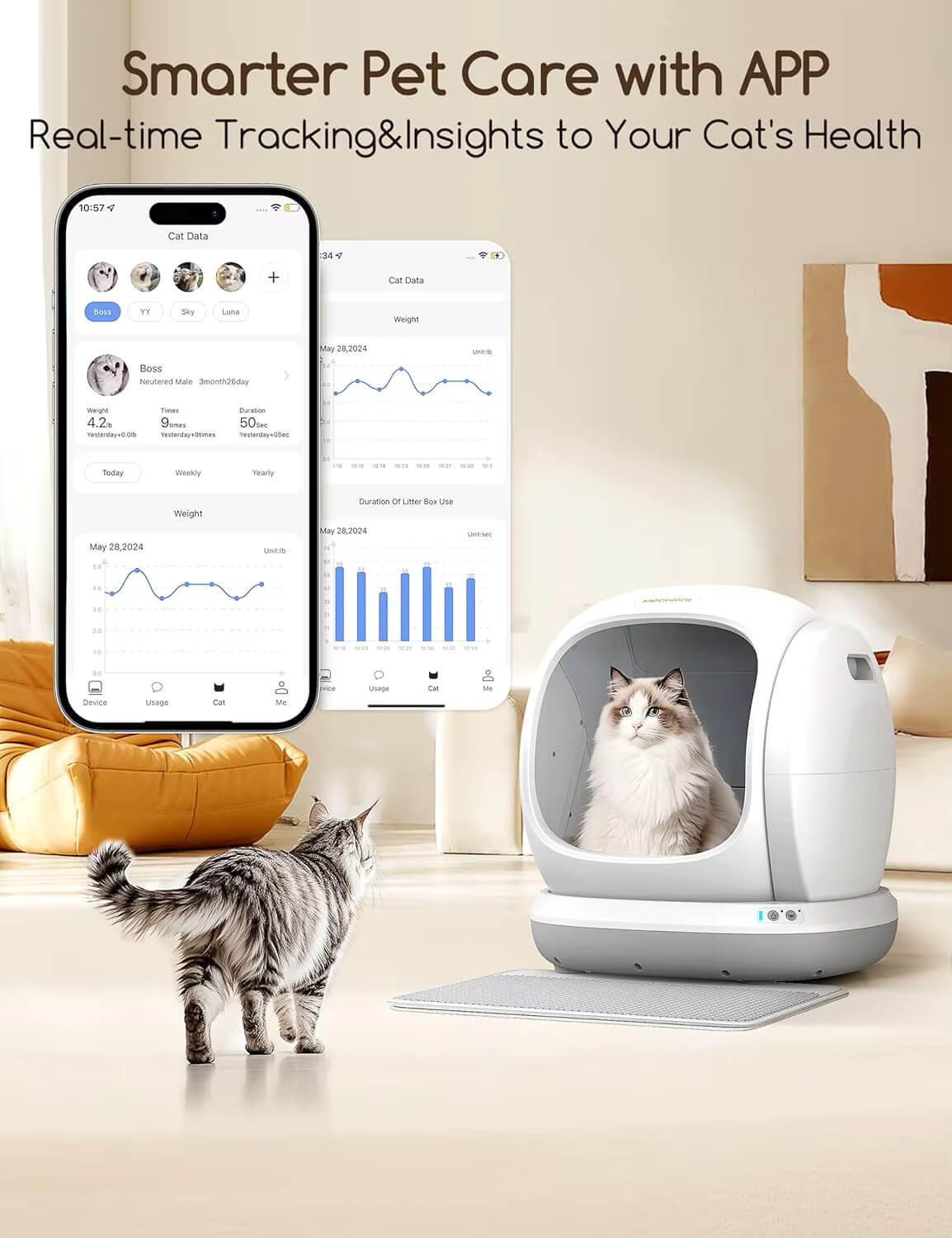 Meowant self cleaning litter box with app on smartphone and cat using the system.